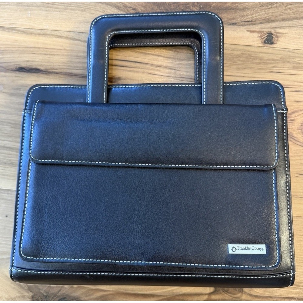 Franklin Covey Full Grain Leather Zip Planner Binder Organizer Black